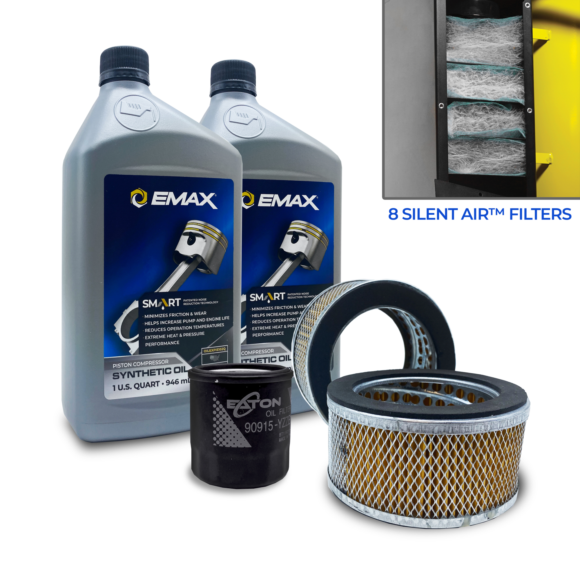 EMAX 5YR Extended Silent Air Warranty Kit  Filter Maintenance kits for 5hp - 10hp  Piston Compressors, includes (2) OILPIS102Q (2) FILTER057 (8)  FILTER107 (1) FILTER130 Oil Filter , Model # EFKIT008AWBS